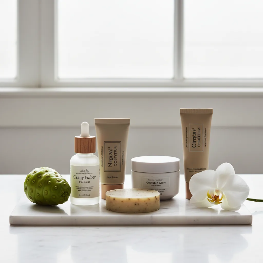 Detalhe dos produtos da linha orgânica Kora Organics de Miranda Kerr, com foco em beleza natural.