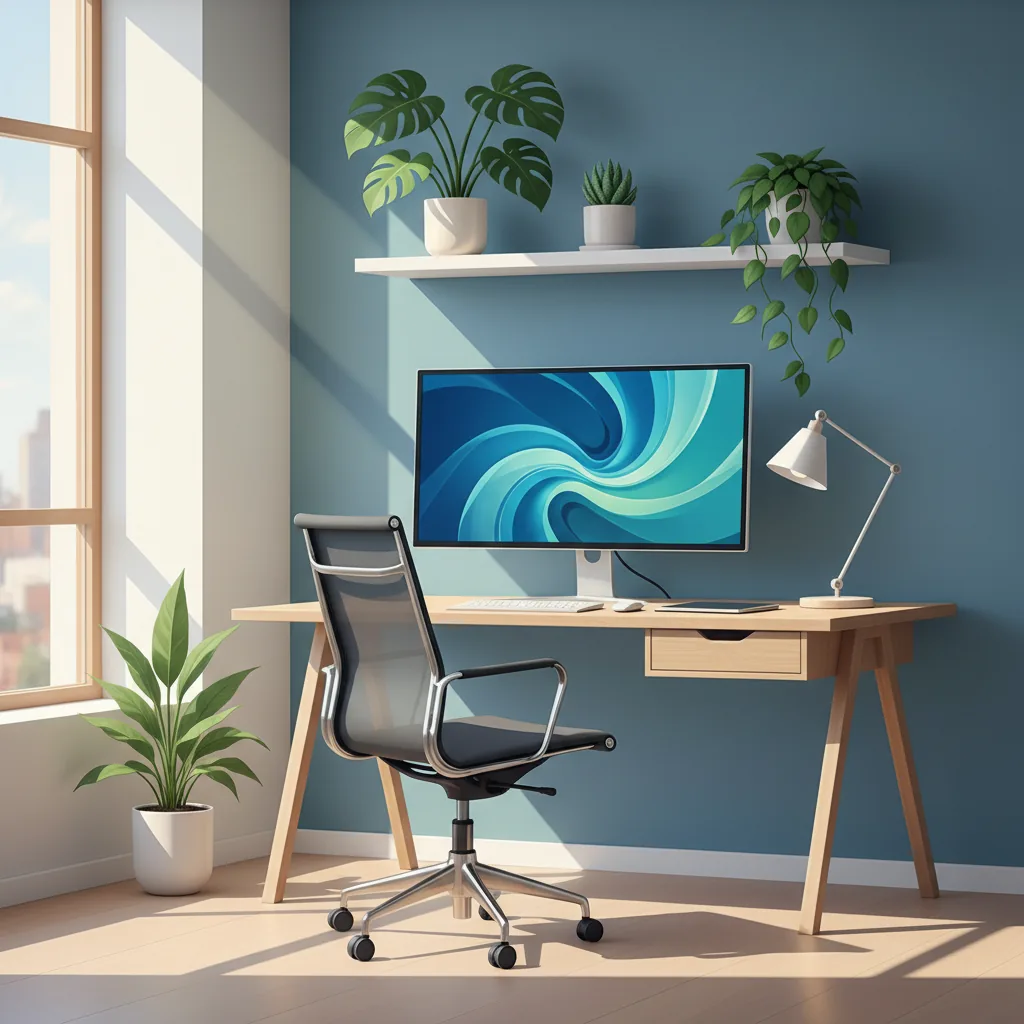 Home office produtivo com cadeira ergonômica, monitor moderno e boa iluminação natural, perfeito para trabalho remoto no Brasil em 2026.