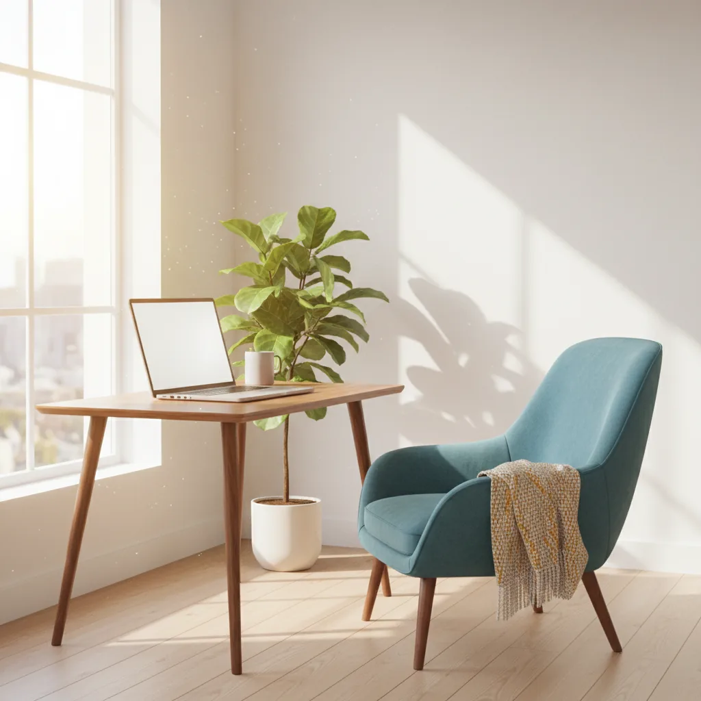 Escritório minimalista bem iluminado em casa, com laptop e plantas