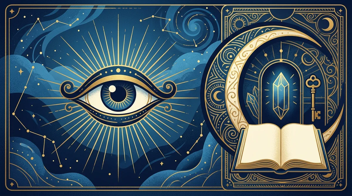 Ilustração artística de uma carta de tarô estilizada com tons de azul e dourado, representando sabedoria e introspecção.