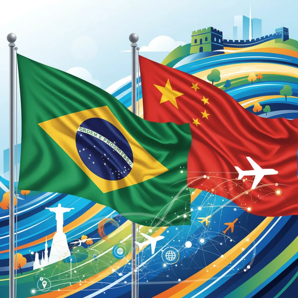Bandeiras do Brasil e da China lado a lado, simbolizando a suspensão do visto para chineses no Brasil em 2026.