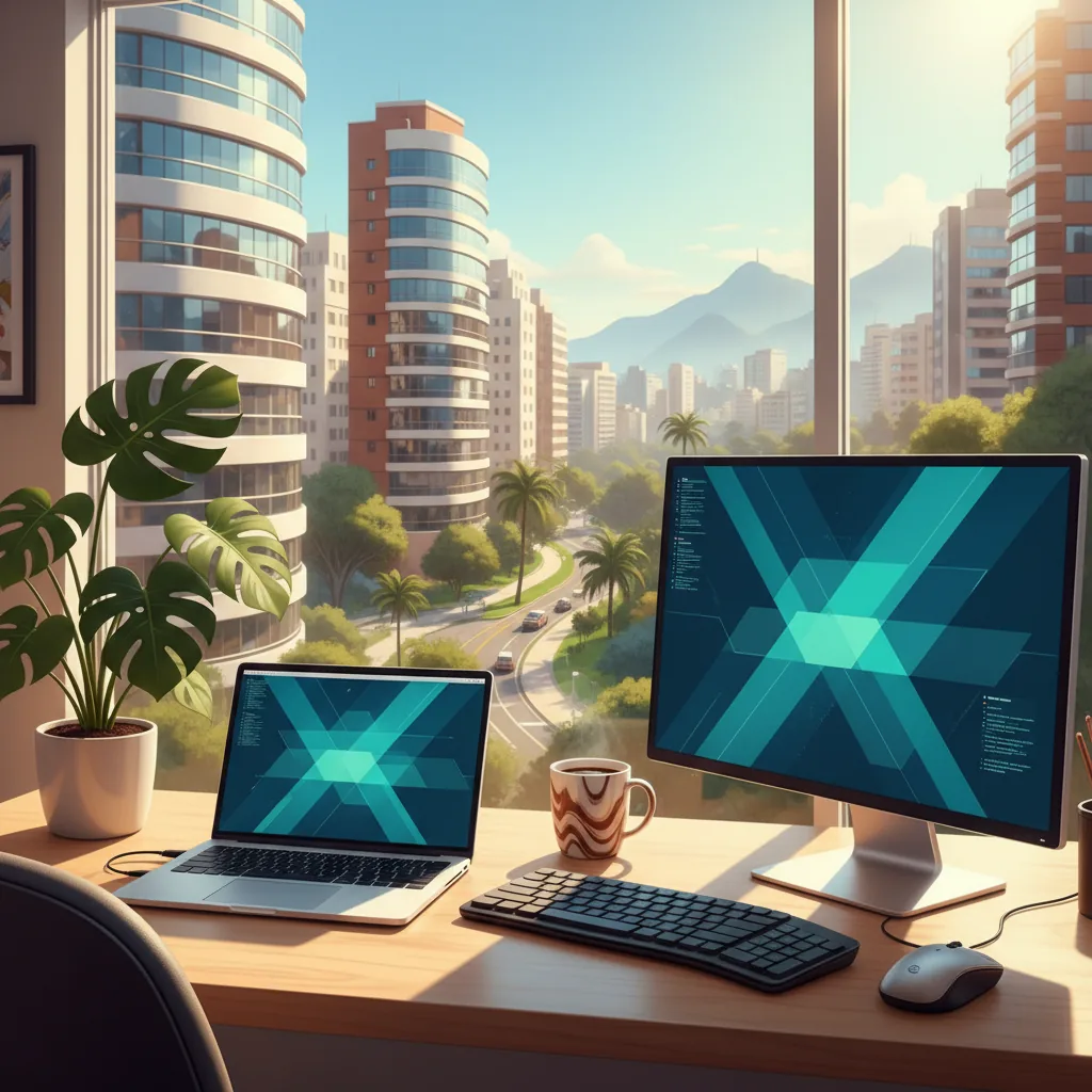 Mesa de trabalho organizada com computador e acessórios em um home office no Brasil