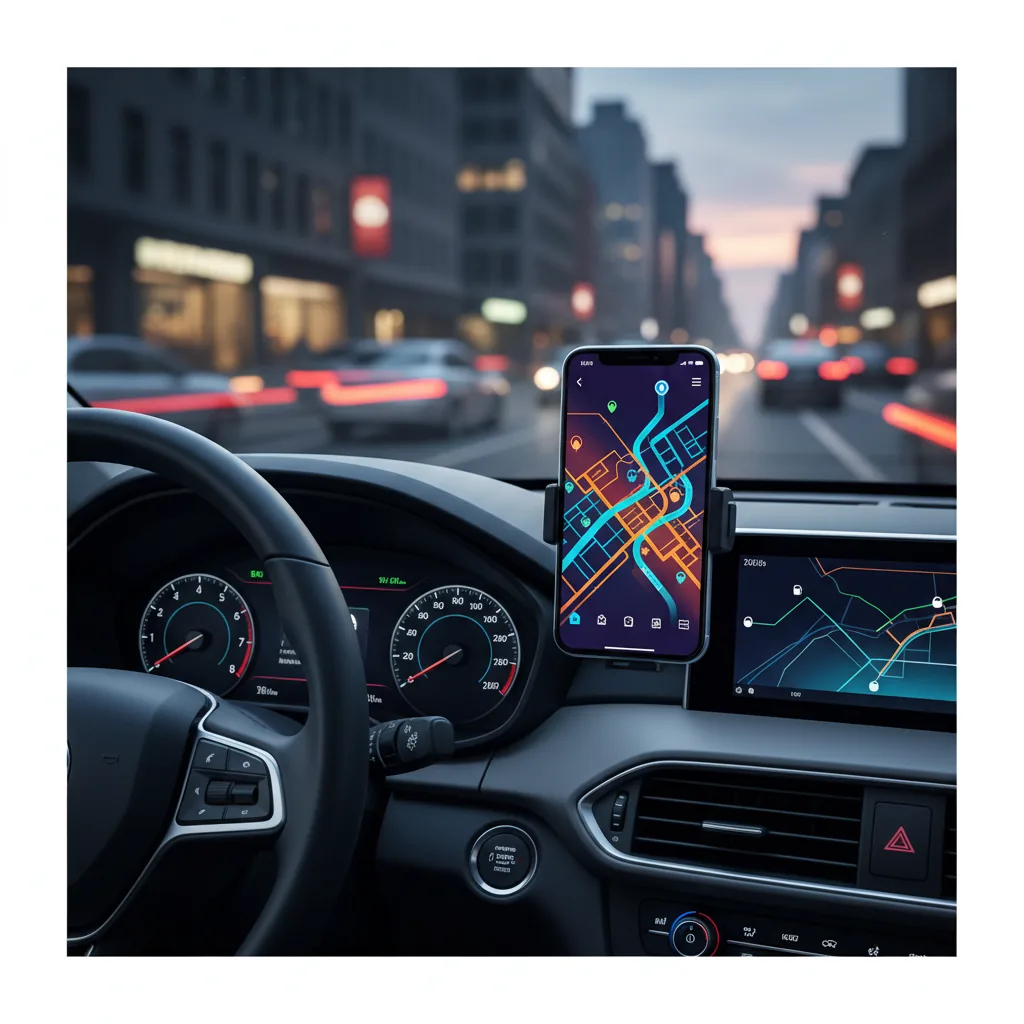 Visão do motorista do painel de um carro com smartphone mostrando mapa de aplicativo, ilustrando o guia para motorista da Uber em 2026.