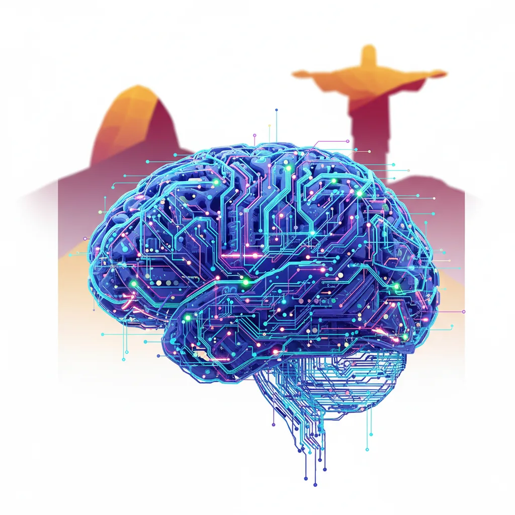 Cérebro de circuitos e nodes representando IA com o Cristo Redentor ao fundo, simbolizando empresas brasileiras sendo citadas por IAs em 2026.