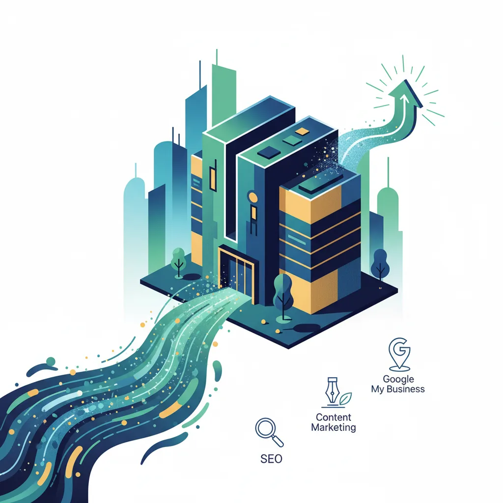 Ilustração de PME brasileira construindo tráfego orgânico gratuito com SEO
