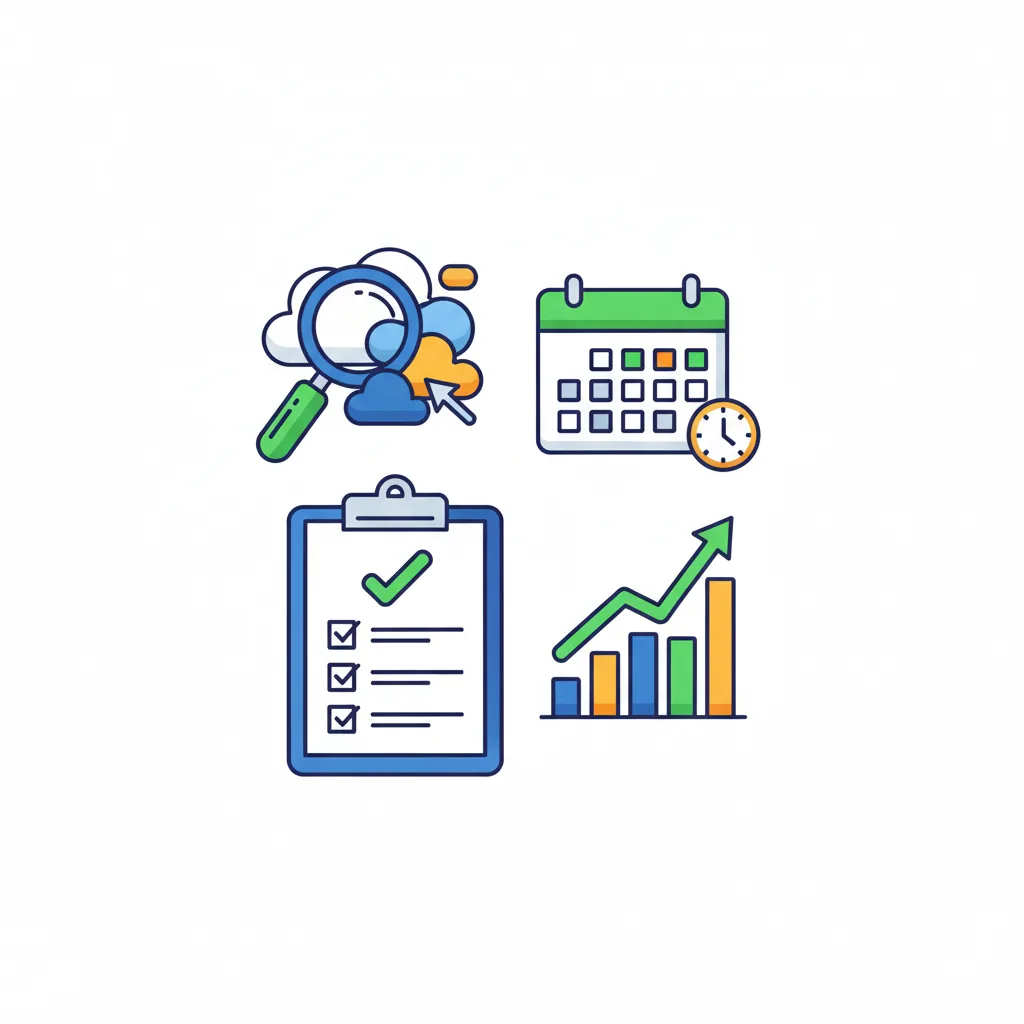 Kit de SEO para PMEs: um framework prático com ícones de ferramentas e templates.
