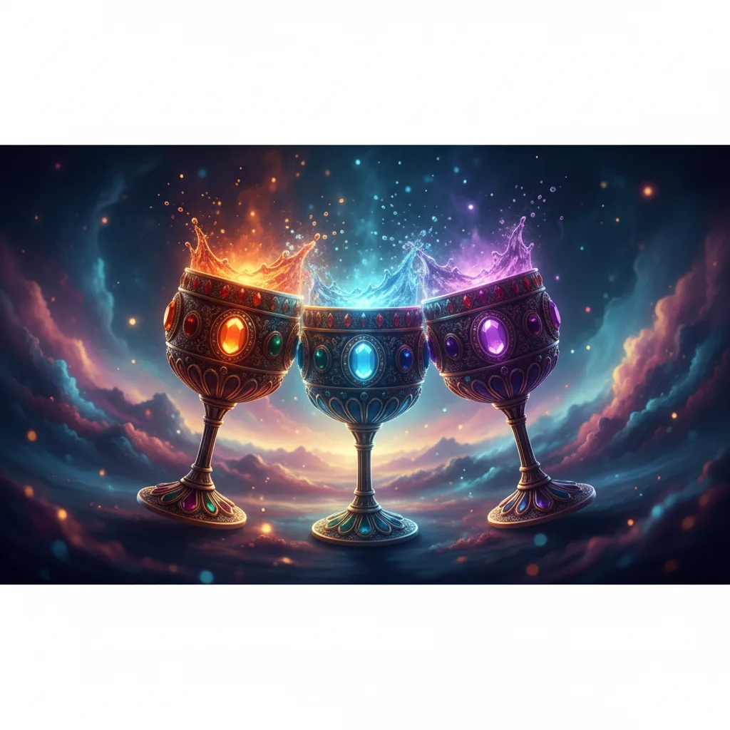 Três de Copas: Três taças brindando em celebração, representando a energia de amizade e comunidade da carta do tarô.