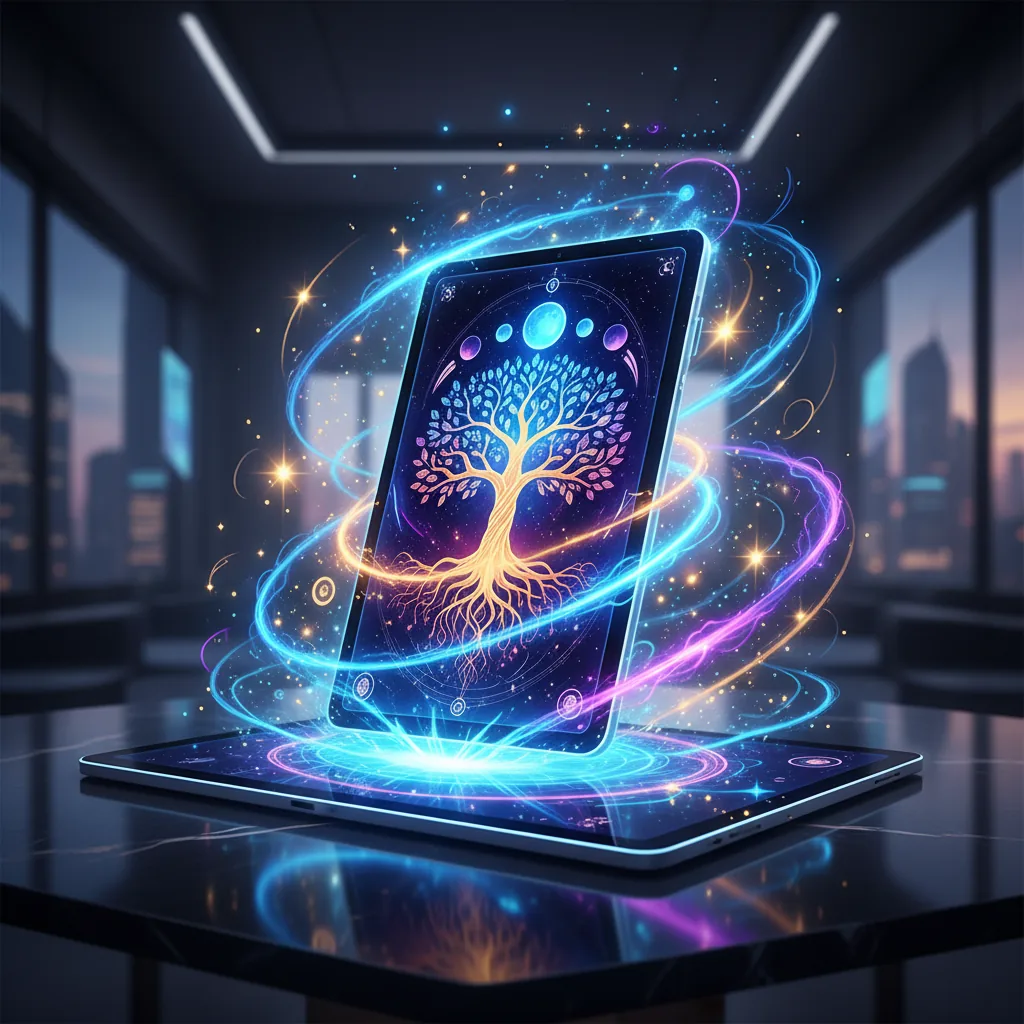 Tablet exibindo uma carta de tarot digital brilando com energia mística, simbolizando a fusão do tarot com a tecnologia em 2026.