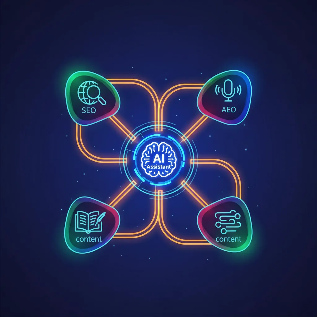 Diagrama conceitual de um framework de conteúdo SEO e AEO para PMEs brasileiras