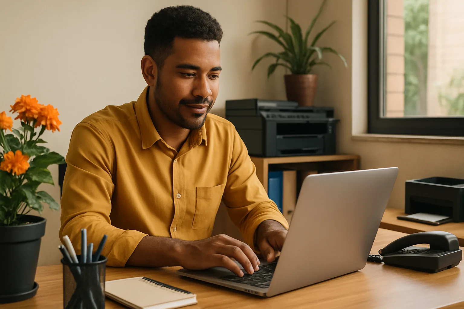 Pequeno empresário brasileiro trabalhando em laptop em pequena empresa