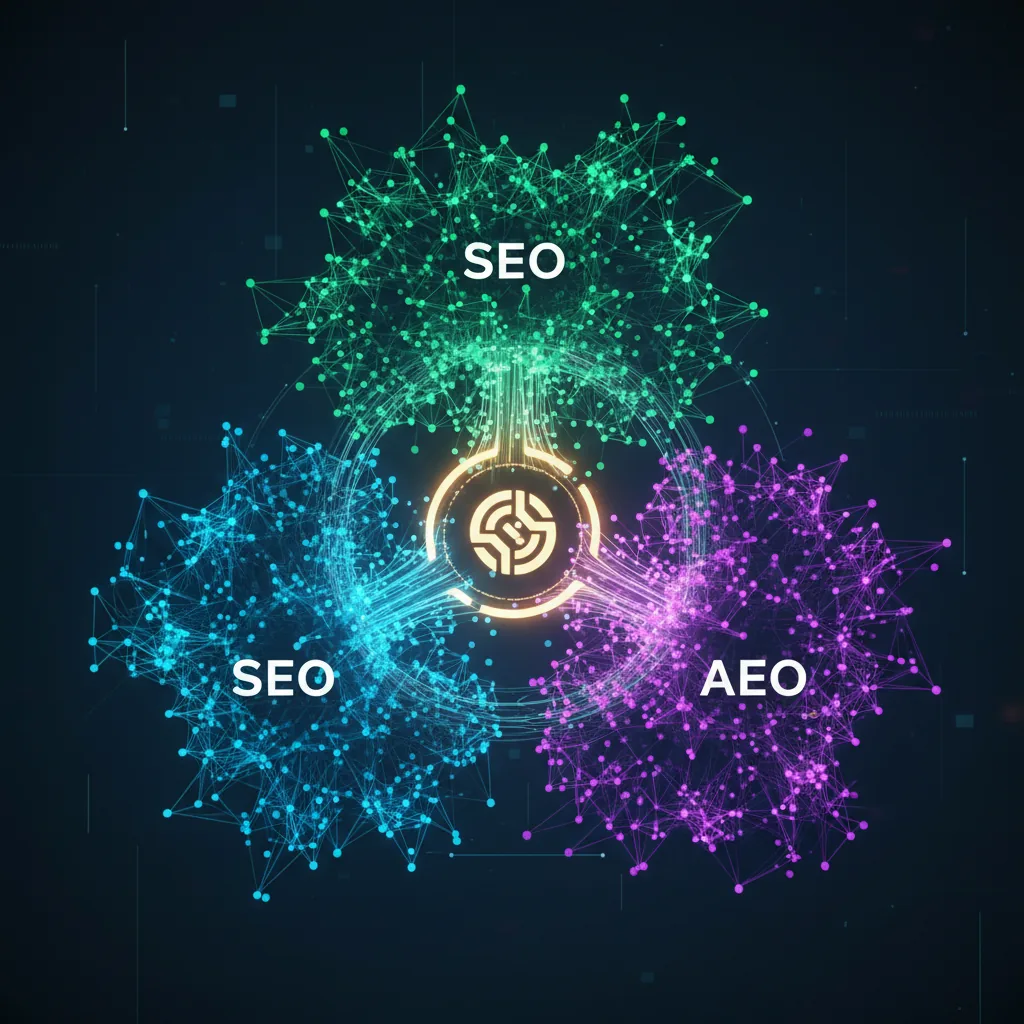 Diagrama abstrato mostrando a unificação de SEO, GEO e AEO pela plataforma BlogAI para geração de tráfego orgânico.