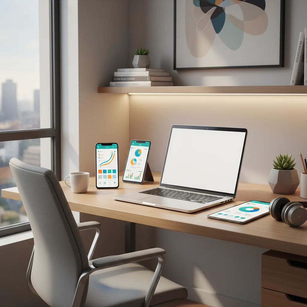 Smartphone sobre mesa de madeira exibindo ícones de produtividade e gestão para freelancers em 2026.