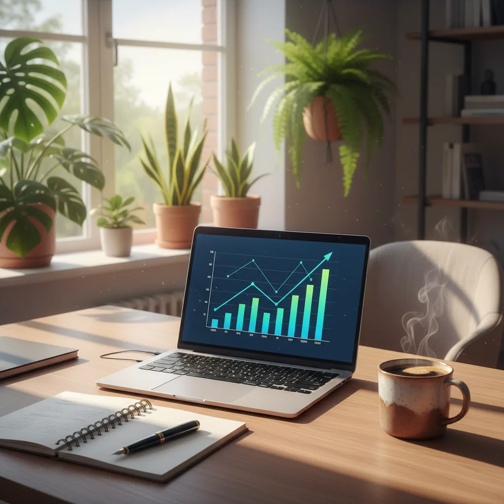 Pessoa trabalhando em laptop em uma mesa organizada em casa com café, representando ganhar dinheiro em casa em 2026.