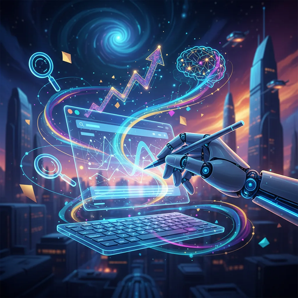 Inteligência artificial escrevendo um artigo otimizado para SEO, AEO e GEO em 2026