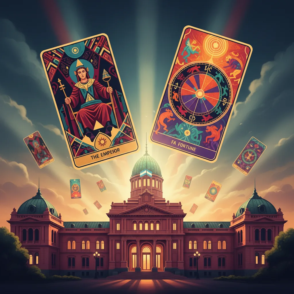 Ilustração artística representando a influência do tarô no governo Milei com cartas sobrepostas a um mapa da Argentina.