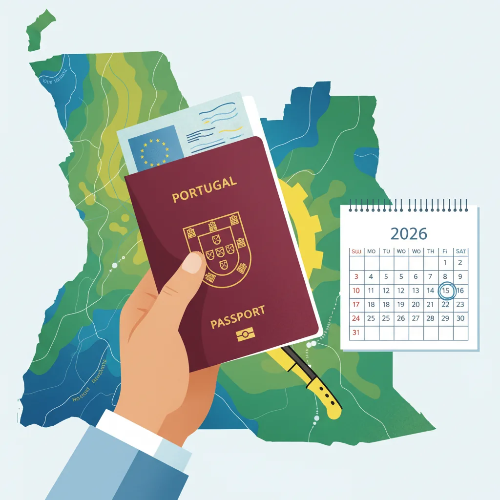 Mão segurando passaporte português com mapa de Angola e calendário de junho de 2026 em segundo plano, ilustrando as novas regras de visto de trabalho em Portugal.