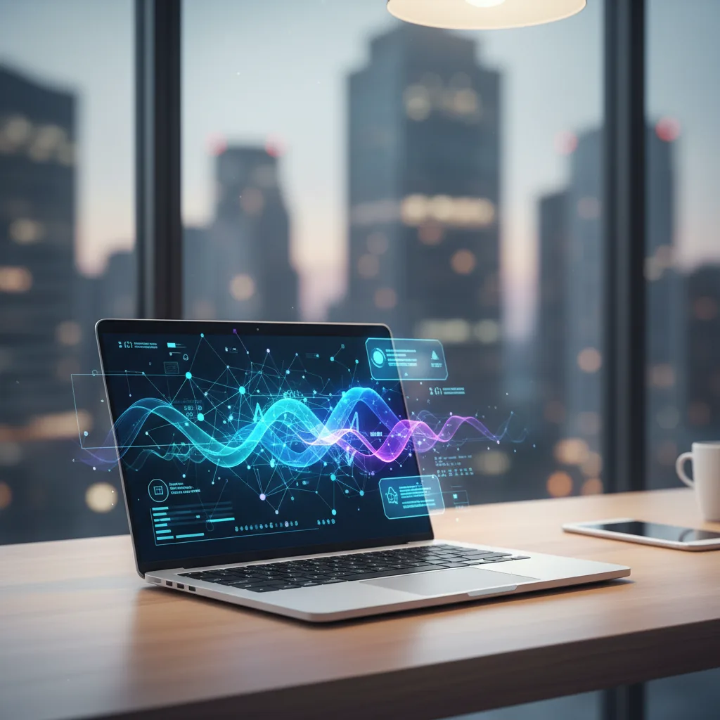 Escritório moderno com notebook exibindo interface de inteligência artificial para redação em português