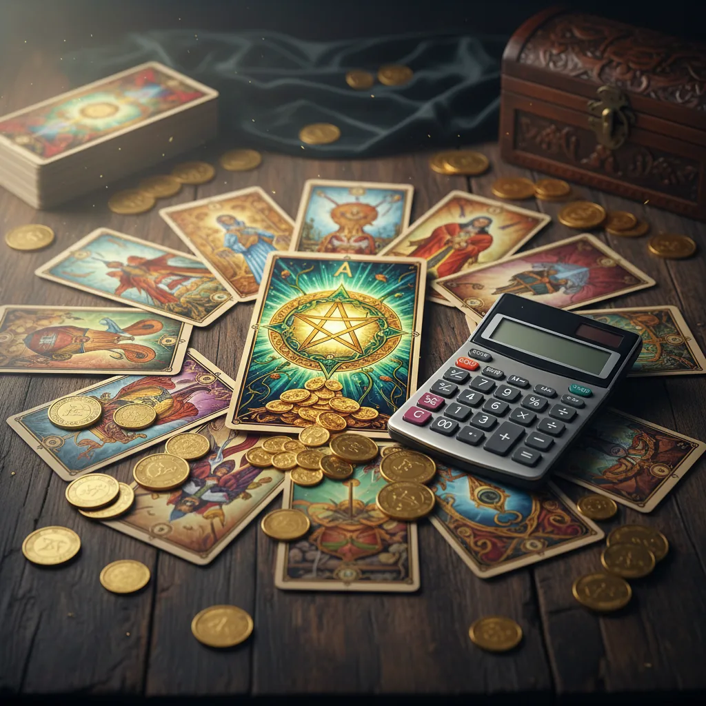 Cartas de tarô sobre uma mesa de madeira com moedas douradas simbolizando previsões financeiras de 2026.