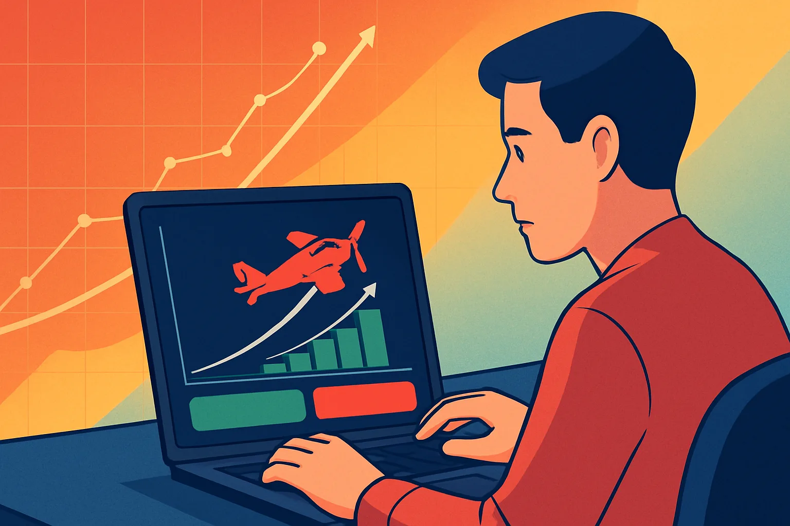 Pessoa jogando Aviator online em computador com avião virtual e gráficos coloridos na tela