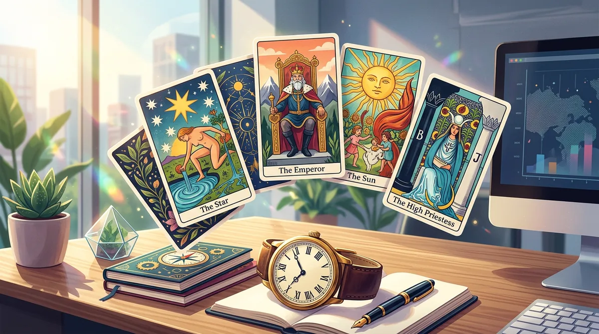 Ilustração artística de cartas de tarô flutuando sobre uma mesa de escritório organizada com um relógio marcando a hora da virada, simbolizando o recomeço.