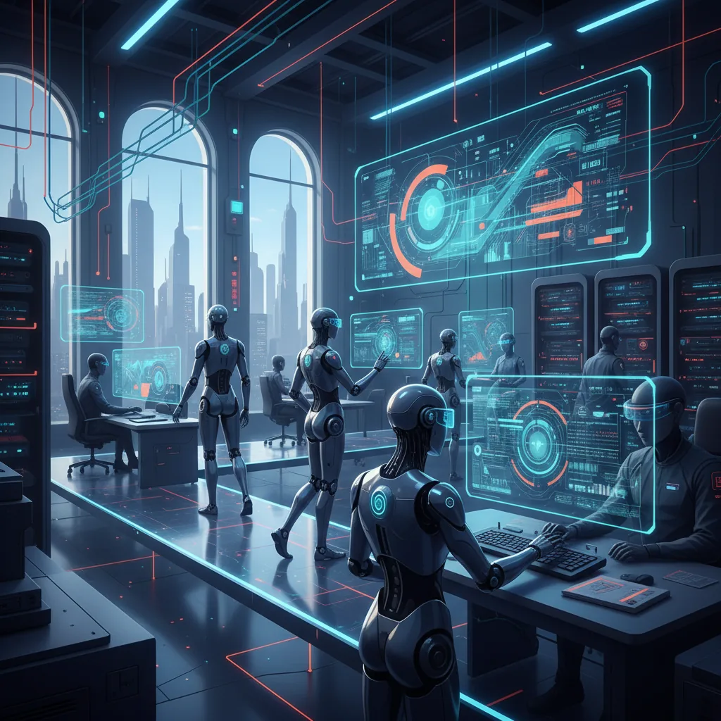 Escritório futurista com robôs de inteligência artificial otimizando processos de back office e supervisores humanos