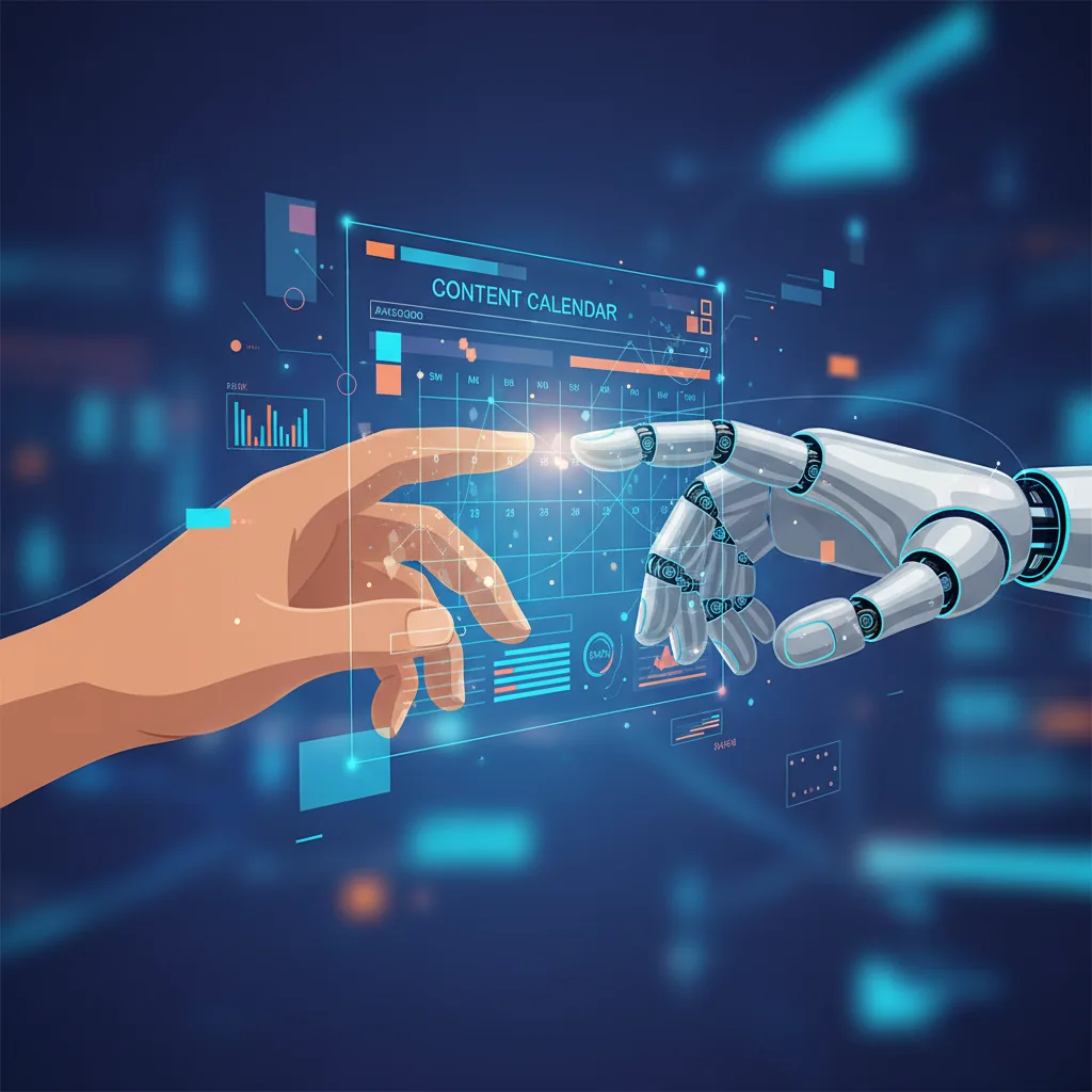 Mão humana e mão robótica colaborando em uma estratégia de conteúdo com IA, simbolizando a união de estratégia humana e execução artificial.