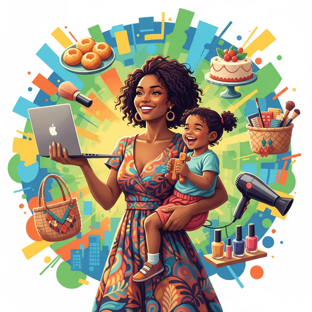 Mulher brasileira sorrindo, equilibrando laptop e filho, com doces, artesanatos e ferramentas de beleza ao redor, simbolizando renda extra com talentos.