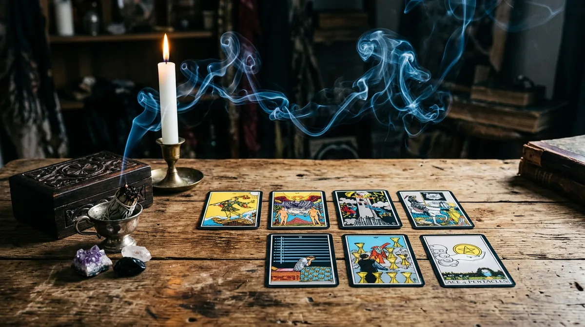 Ilustração de cartas de tarô sobre uma mesa com uma vela branca e fios de energia se dissipando ao fundo, simbolizando o desapego emocional.