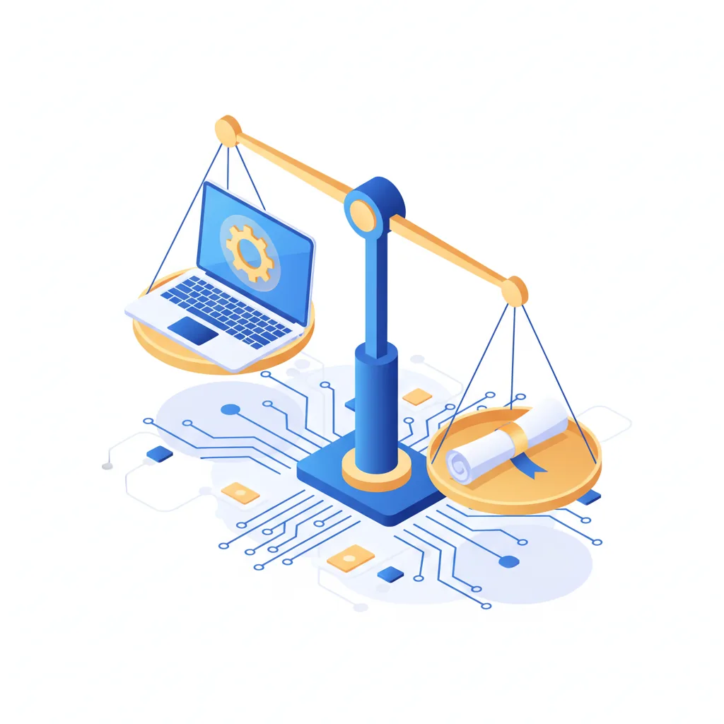Ilustração de um profissional freelancer analisando contratos digitais em um tablet com gráficos de justiça e equilíbrio.