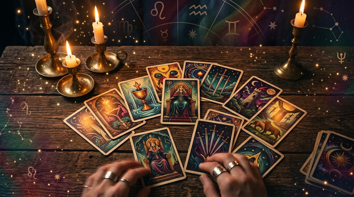 Cartas de tarô sobre uma mesa de madeira escura com luz de velas suave e elementos astrológicos ao fundo.