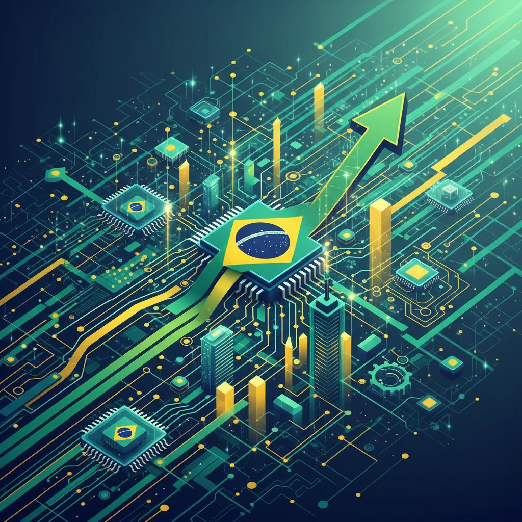 Abstrato digital representando fluxo de dados e mecanismos de IA com cores da bandeira brasileira.