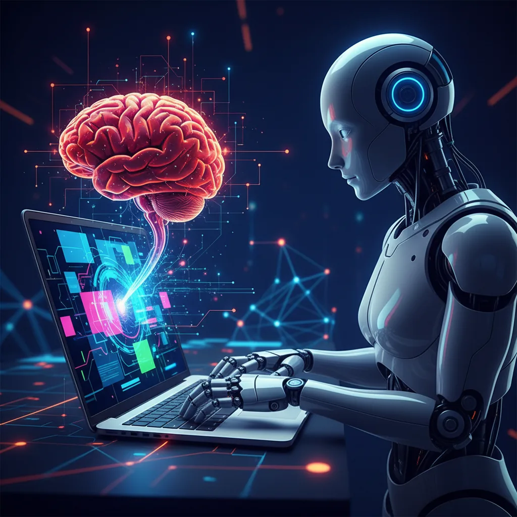 Robô escrevendo em um laptop com um cérebro humano sobre o monitor, simbolizando a colaboração entre IA e inteligência humana na criação de conteúdo de blog.