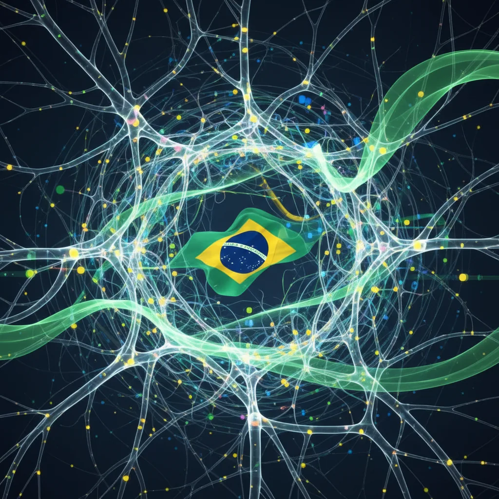 Ilustração abstrata de neurônios interconectados em rede, simbolizando inteligência artificial e fluxo de dados para empresas brasileiras em 2026.