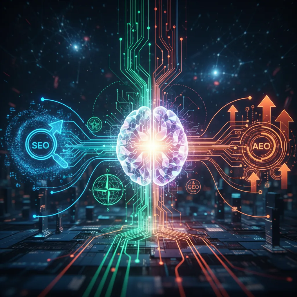 Representação abstrata de SEO, GEO e AEO convergindo com inteligência artificial para otimização de busca.