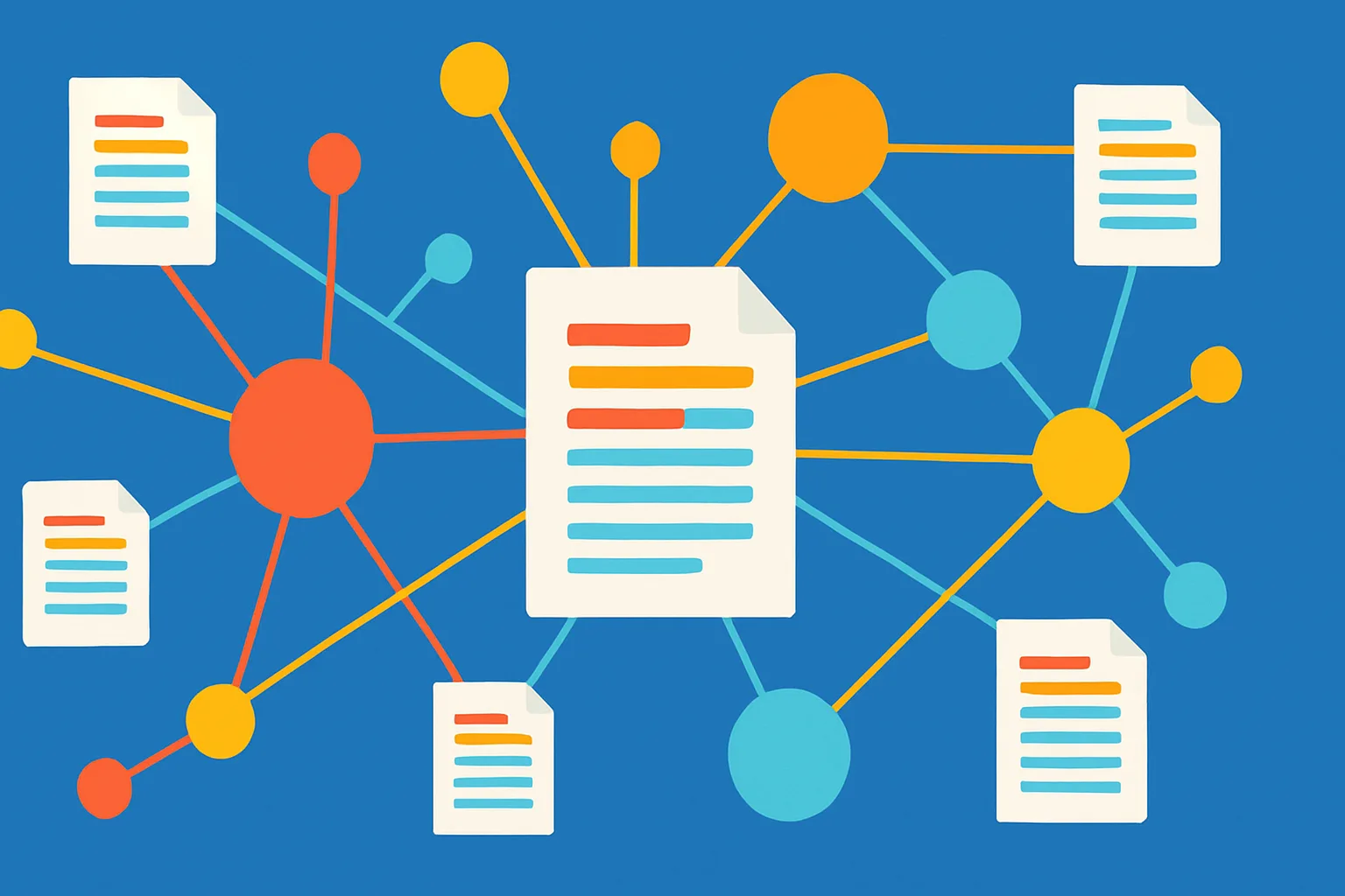 Ilustração de clusters de conteúdo para SEO com conexões entre páginas e documentos