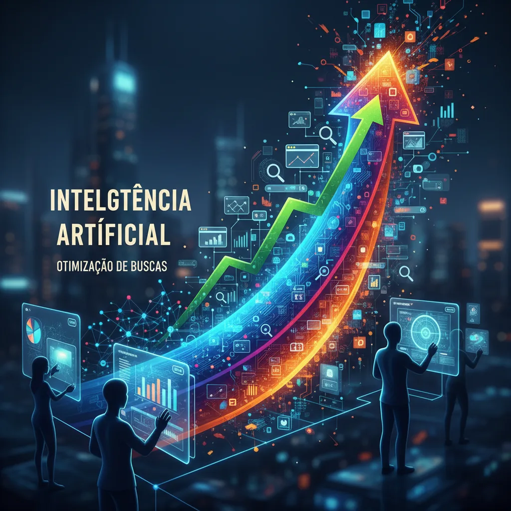 Representação visual da fusão entre inteligência artificial e SEO, com gráficos e dados digitais