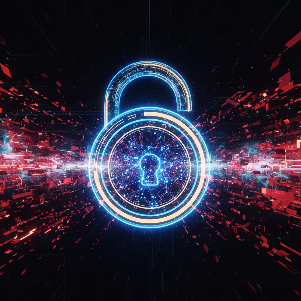 Ilustração do vazamento de dados da OpenAI, mostrando um cadeado digital protegendo uma rede neural de dados fragmentados, representando as lições para empresas.