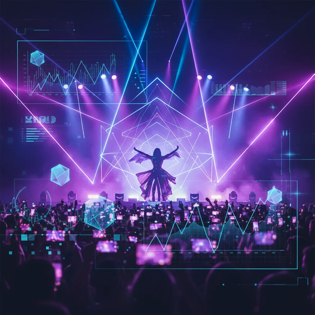 Representação visual de uma turnê mundial de música pop com luzes de palco e mapa global iluminado simbolizando oportunidades financeiras.