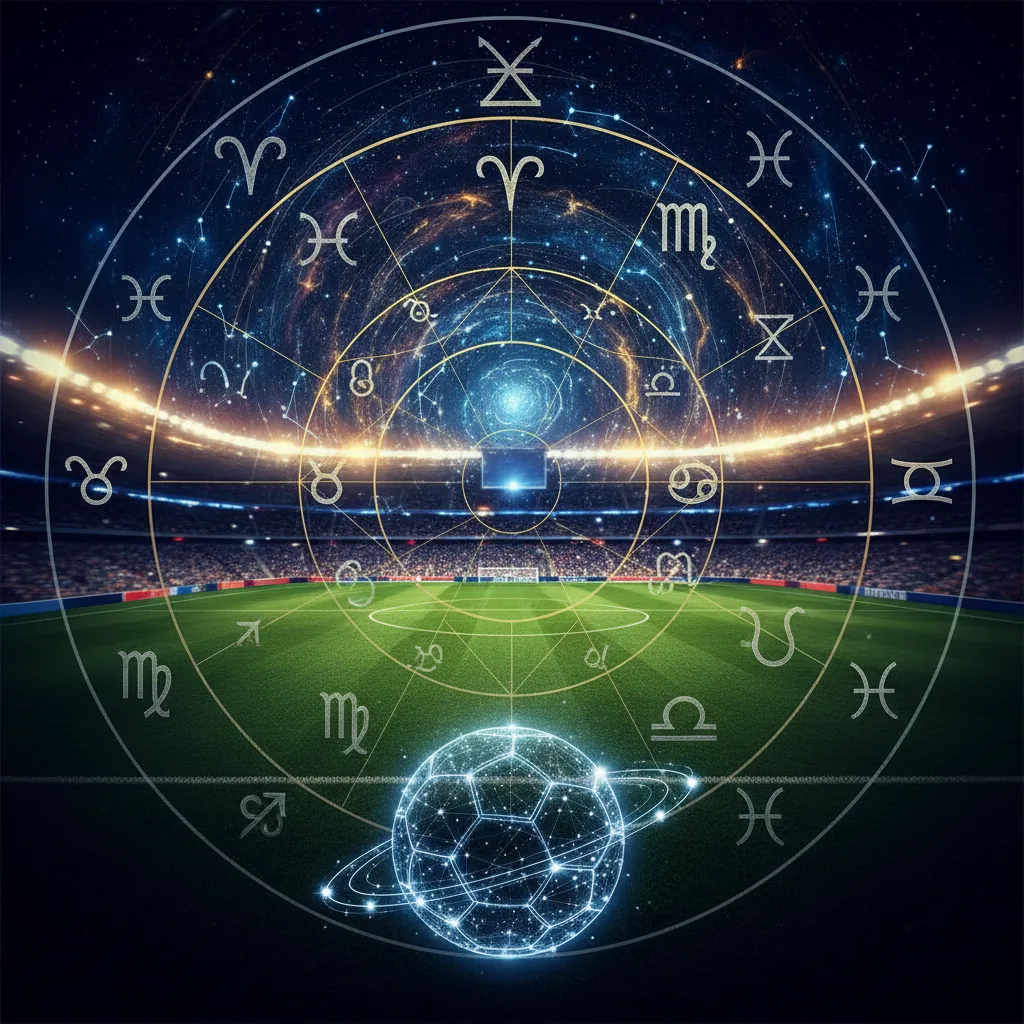 Imagem conceitual mostrando um estádio de futebol com símbolos astrológicos, ilustrando a história de Raymond Domenech e a astrologia na Copa de 2006.