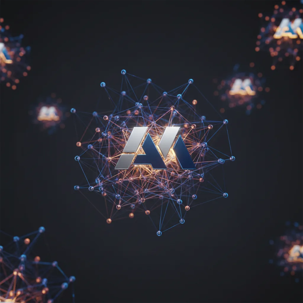 Uma rede neural de IA selecionando o logo de uma empresa, ilustrando os fatores para uma IA recomendar sua marca.