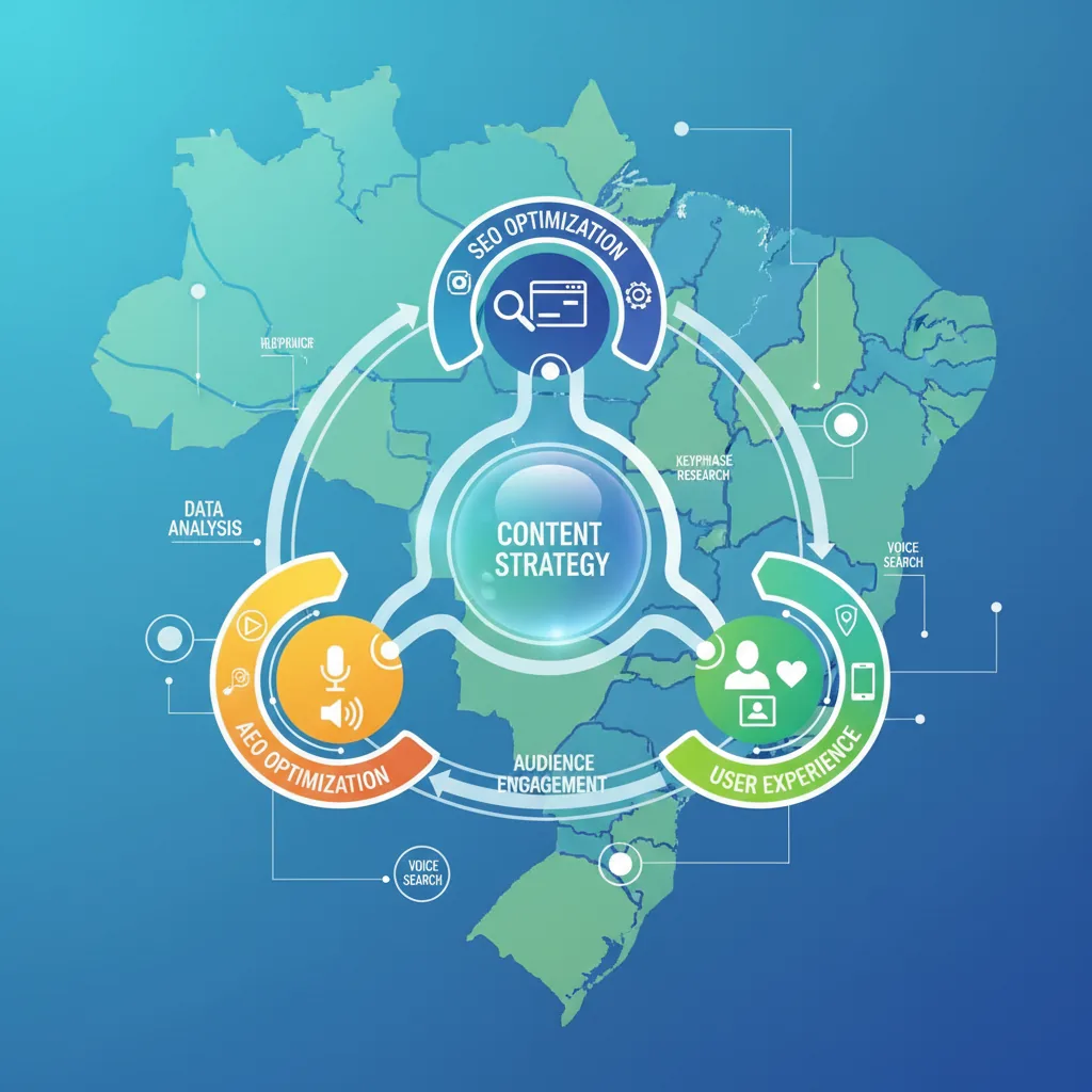 Diagrama de framework de conteúdo SEO com elementos de AEO e mapa do Brasil.