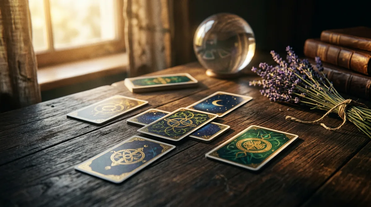 Cartas de tarô místicas sobre uma mesa de madeira iluminada por luz solar suave, simbolizando esperança e destino em 2026.