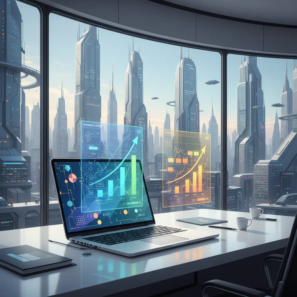 Profissional analisando gráficos de mercado de trabalho em um tablet moderno com interface futurista em 2026.
