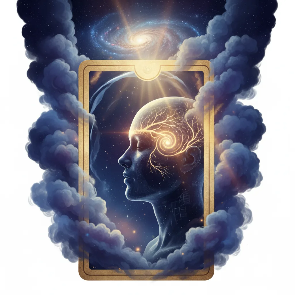 Carta de tarô refletindo o rosto de uma pessoa, representando autoconhecimento e descoberta interior, com fundo místico e iluminação etérea.