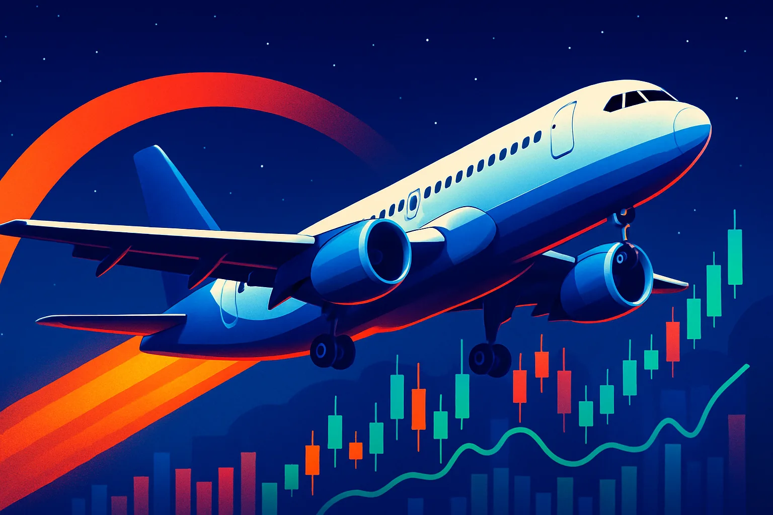 Ilustração de avião decolando à noite com gráficos de apostas ao fundo