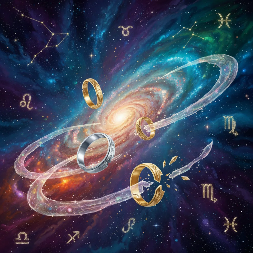Ilustração de uma constelação com anéis de casamento flutuando, representando os signos que fogem do altar.