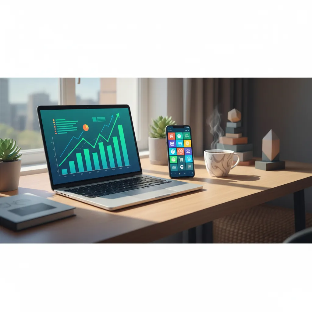 Smartphone mostrando ícones de moedas, gráficos de crescimento e aplicativos de trabalho sobre uma mesa de escritório moderna.