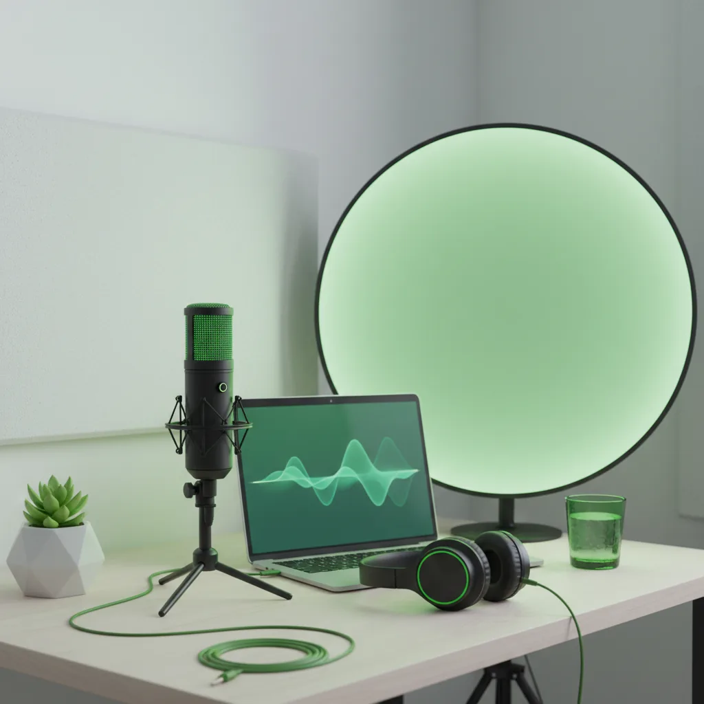Guia sobre como ganhar dinheiro no Spotify em 2026, mostrando um setup de home studio com microfone e computador.