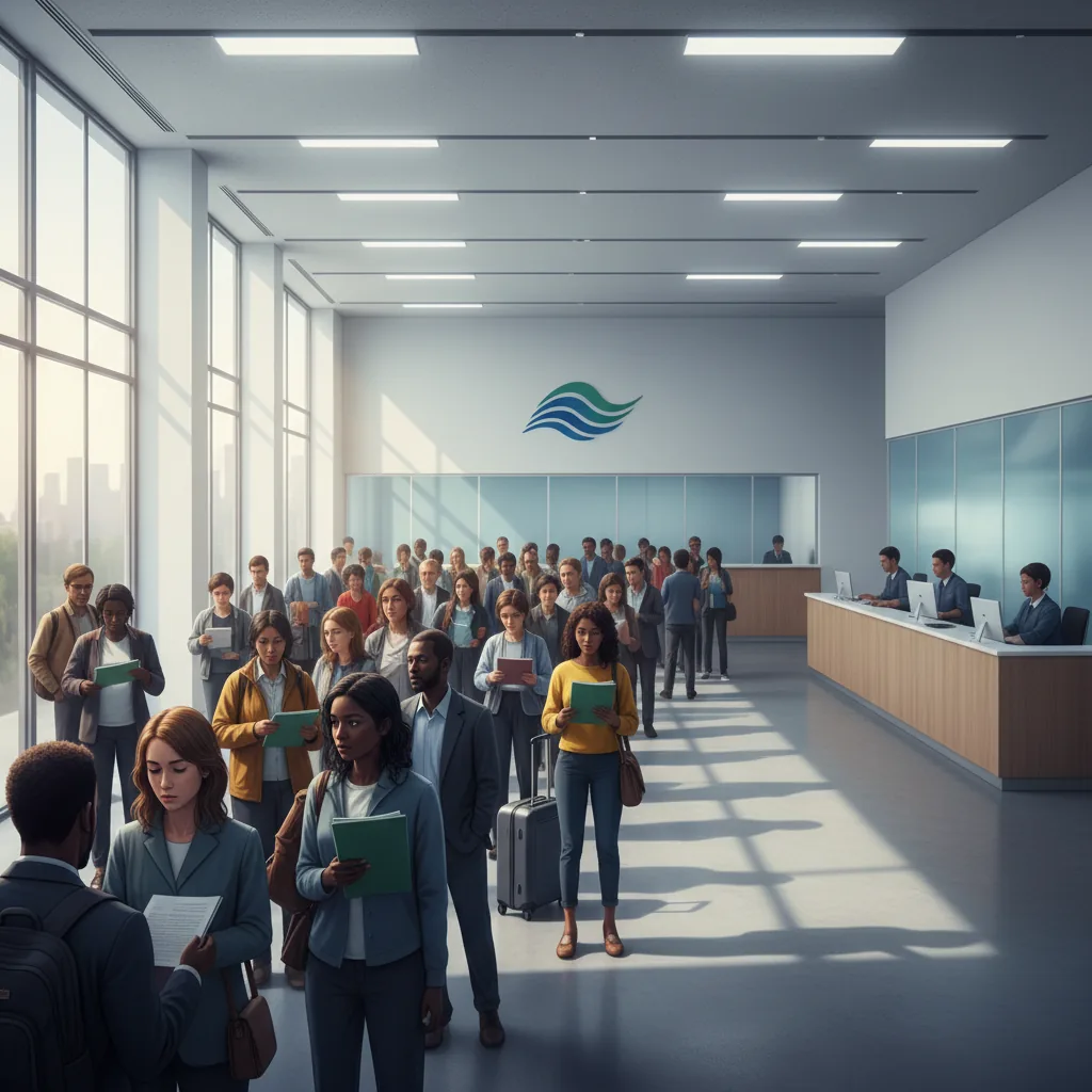 Fila de pessoas no balcão da agência de imigração para solicitar vistos em Portugal, ilustrando o aumento da demanda em 2026.
