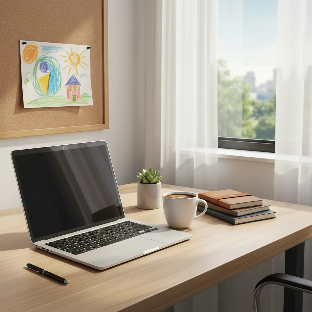 Mesa de trabalho com notebook, desenho de criança e café, ilustrando a possibilidade de renda extra para pais em 2026.